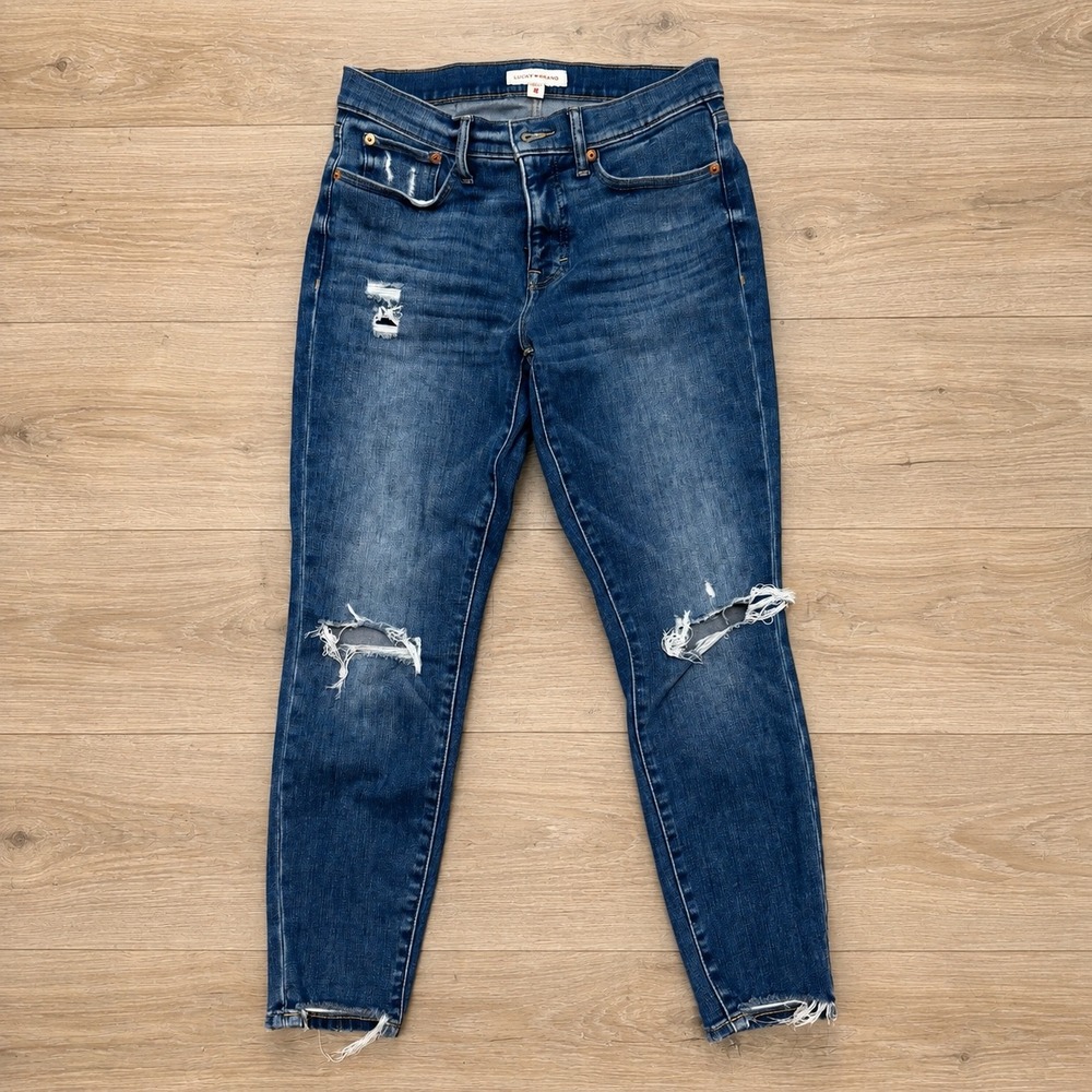 Lucky Brand Ava Mid Rise Skinny Jeans Distressed Ripped Hem Blue Denim 8/29 A